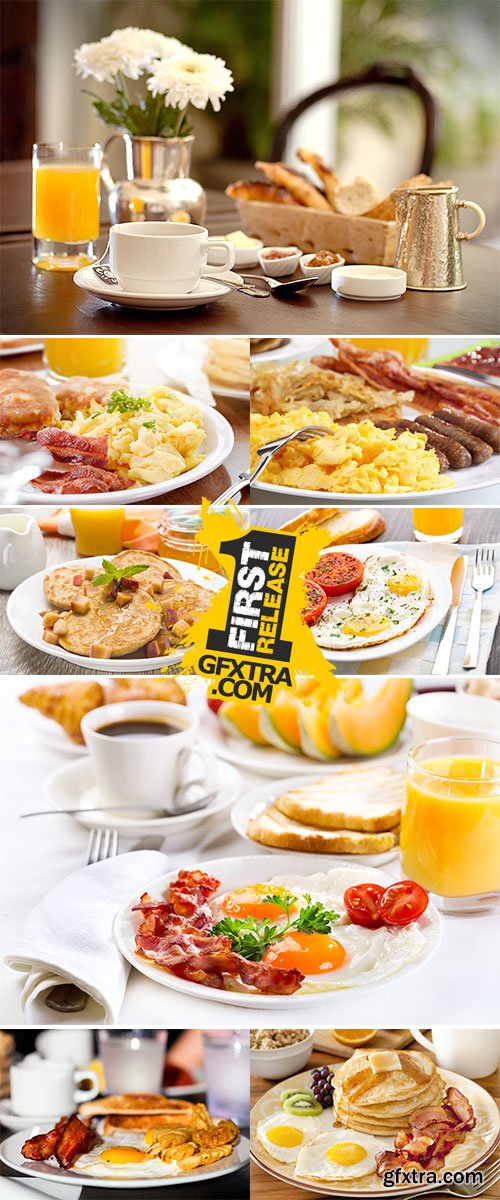 Stock Photo: Breakfast with fried eggs, coffee, juice, croissant and fruits