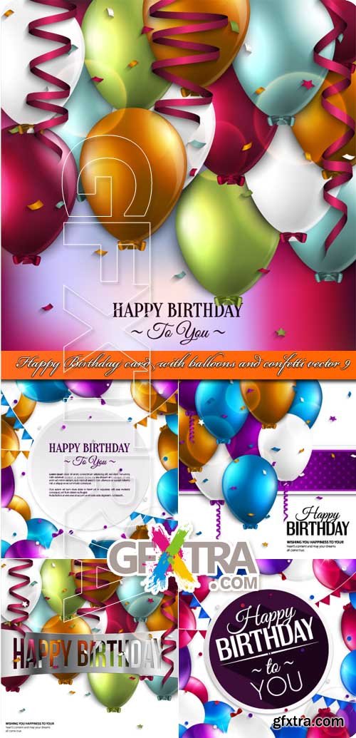 Happy Birthday Card with Balloons & Confetti Vector #9, 5xEPS