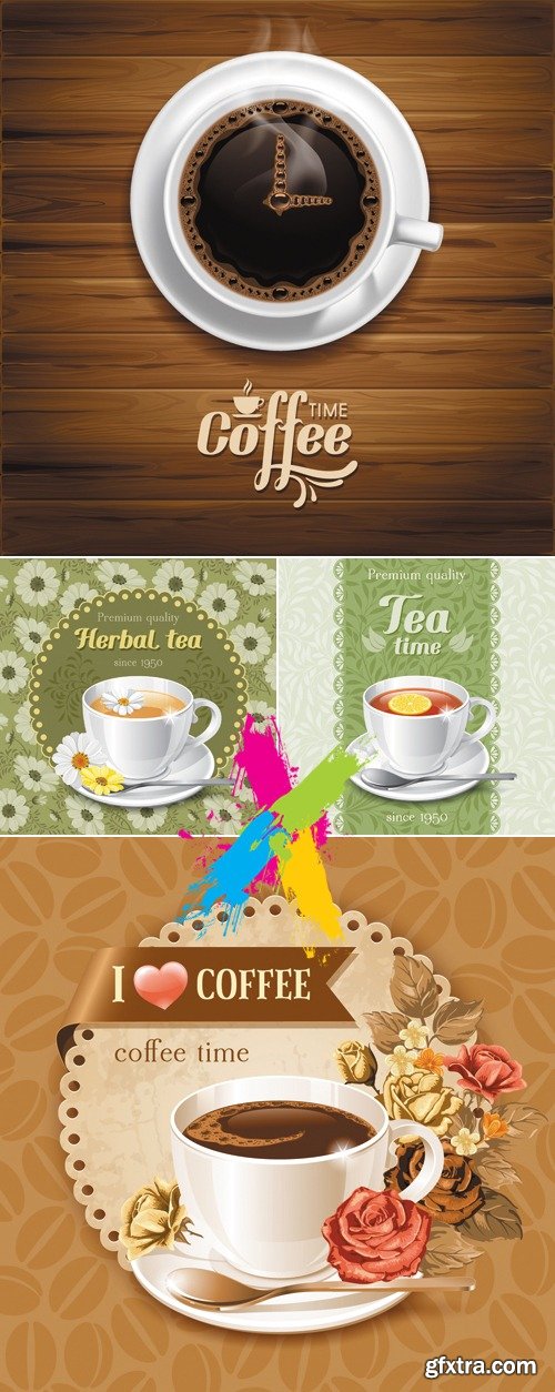 Coffee & Tea Cups Cards Vector
