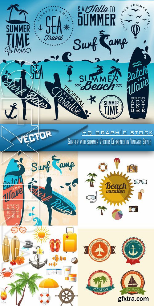 Stock Vector -Surfer with summer Vector Elements in Vintage Style
