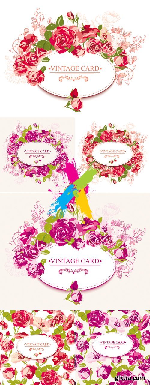 Vintage Cards with Pink & Red Roses Vector