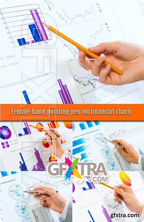 Female hand pointing pen on financial charts