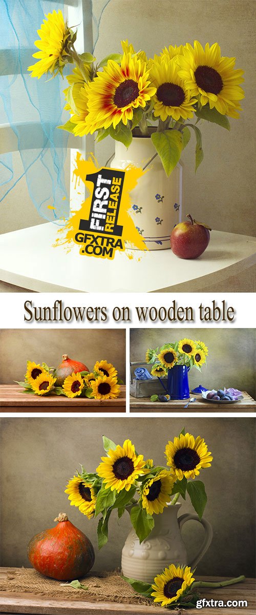 Stock Photo: Sunflowers on wooden table