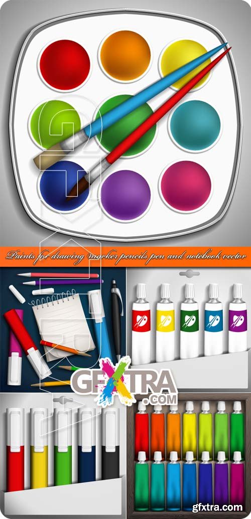 Paints for drawing marker pencils pen and notebook vector