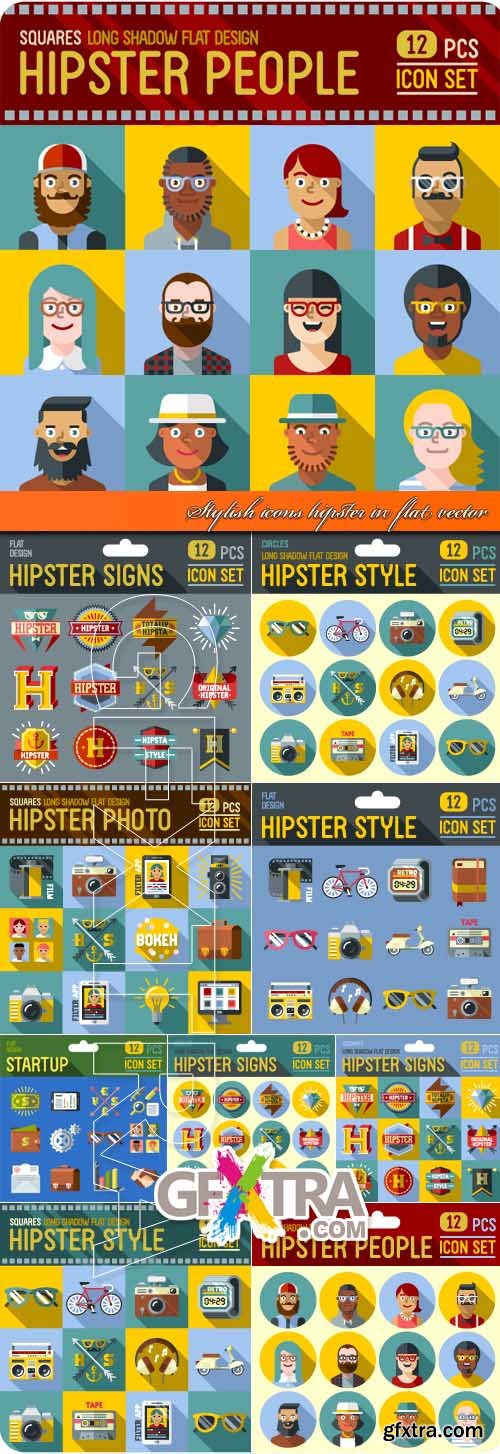 Stylish icons hipster in flat vector