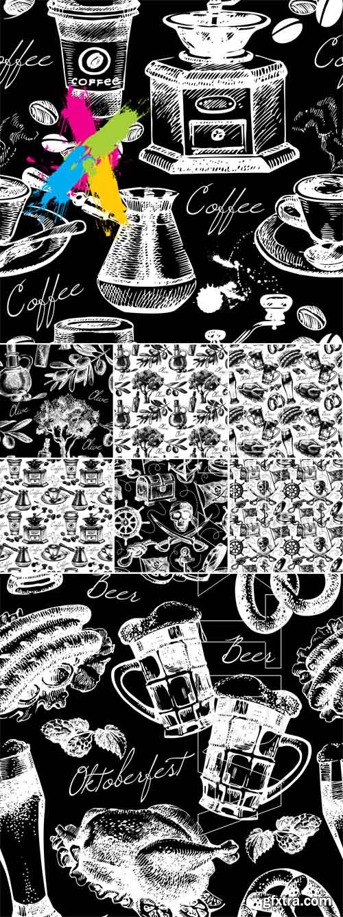 Vintage Seamless Pattern with Beer, Coffee, Olives and Pirate 8xEPS