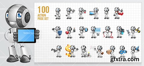Glossy Robot Cartoon Character Set 100 Vectors