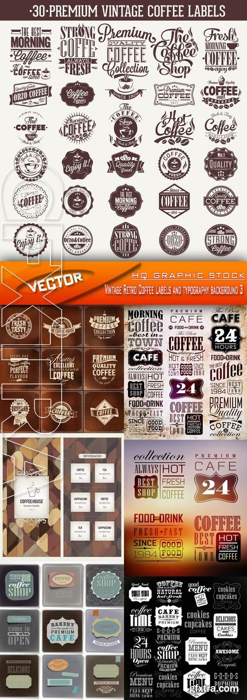 Vintage Retro Coffee Labels & Typography Background 3, 7xEPS
