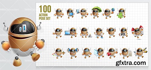 Cute Robot Cartoon Character Set 100 Vectors