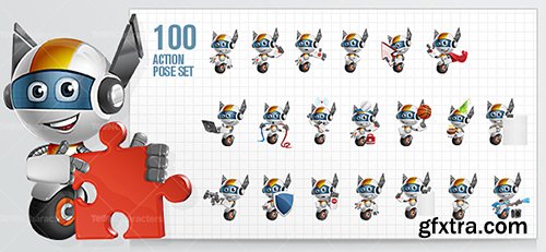 One Wheel Robot Cartoon Character Set, 100 Vectors