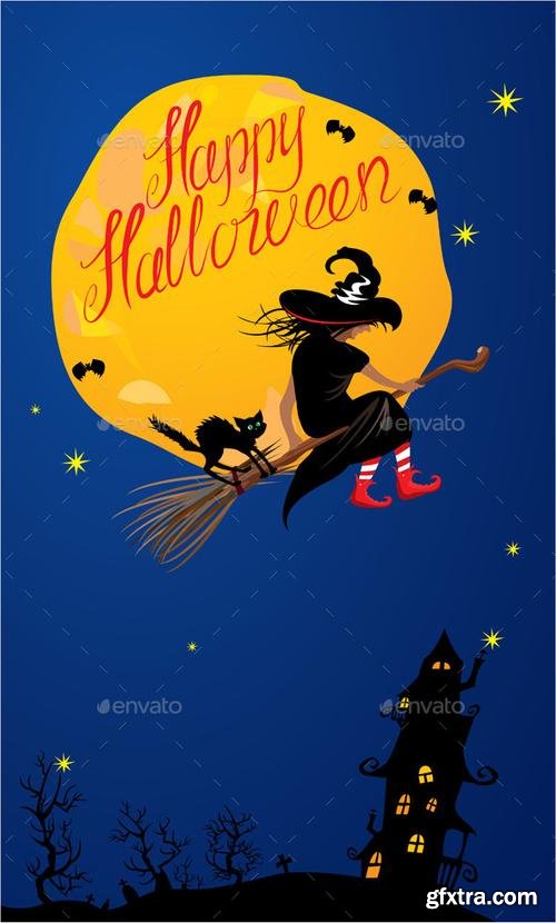 GraphicRiver - Card of Halloween Night - Witch and Black Cat