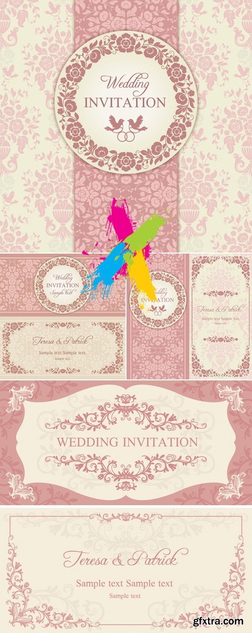 Pink Wedding vintage Invitations Vector