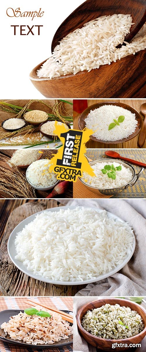 Stock Photo Paddy rice, brown rice, white rice and japanese rice on sack background