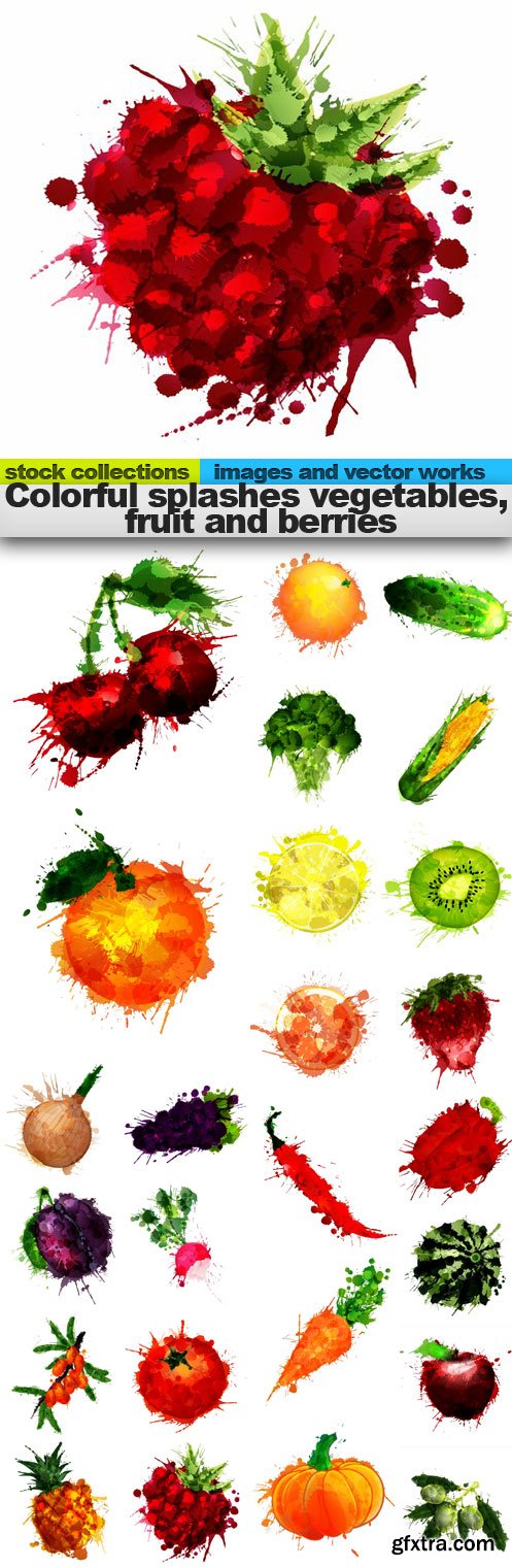 Colorful splashes vegetables, fruit and berries, 25 x EPS
