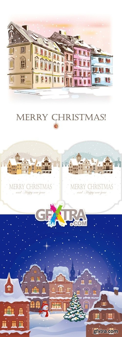 Christmas Houses Cards Vector