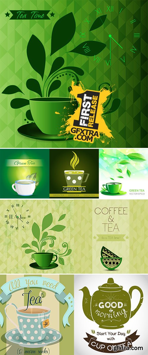 Vector illustration cup tea falling leaves, Stock Illustration