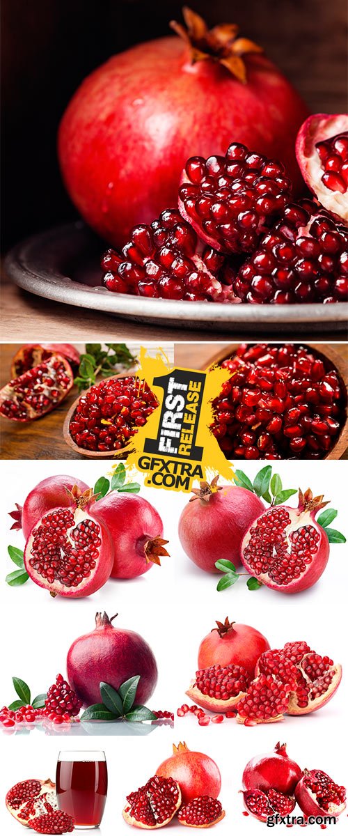 Stock Photo Juicy pomegranate and its half with leaves