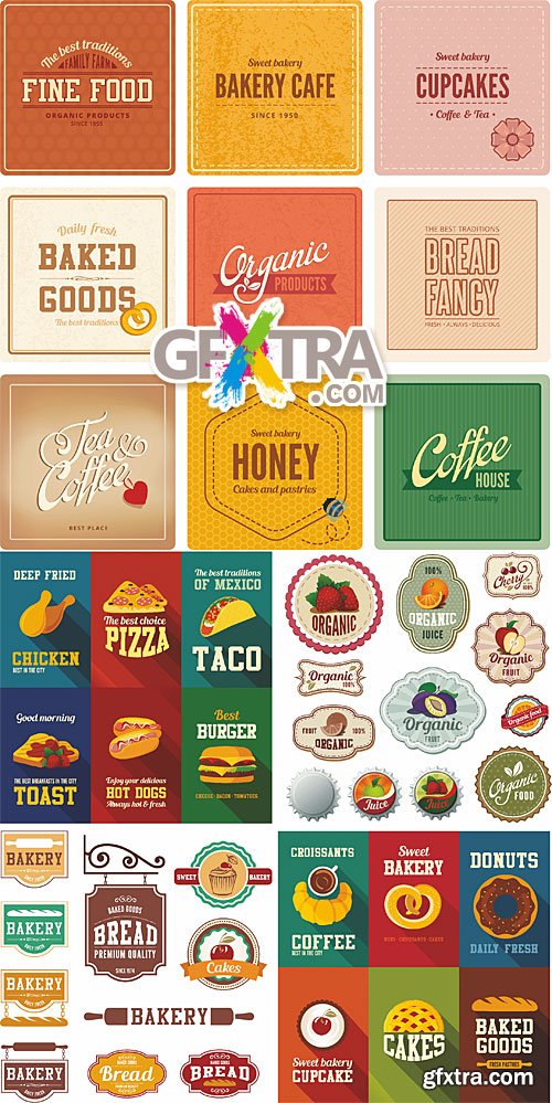 Bakery, fastfood, fruits - vintage design templates