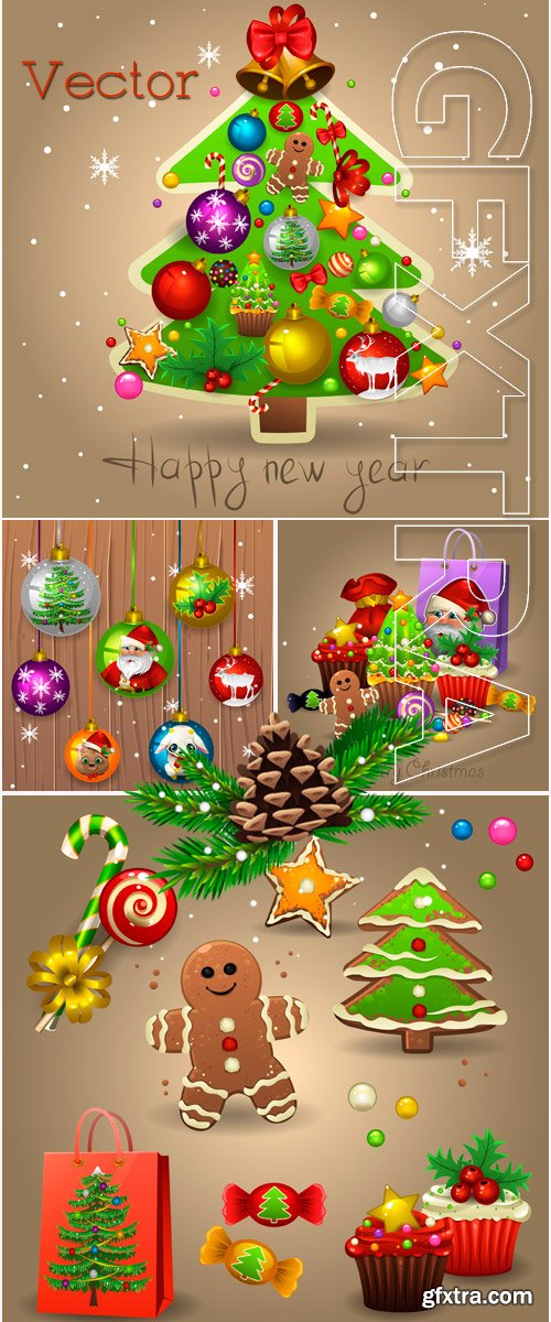 Vector - the Festive fir-tree, spheres and gifts