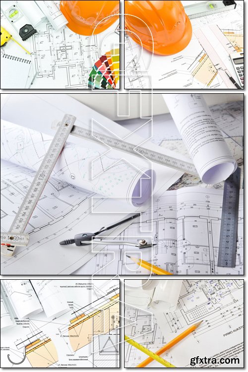 Engineer banner flat set. House blueprint construction concept - Stock photo