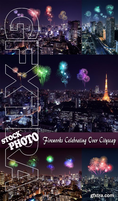 Stock Photo - Fireworks Celebrating Over Cityscap