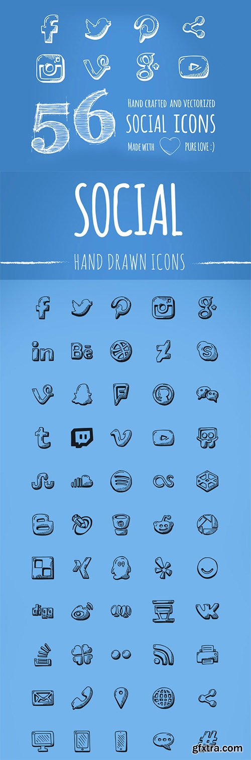EPS, PNG, SVG, PDF 56 Vector Hand-Drawn Social Media Icons