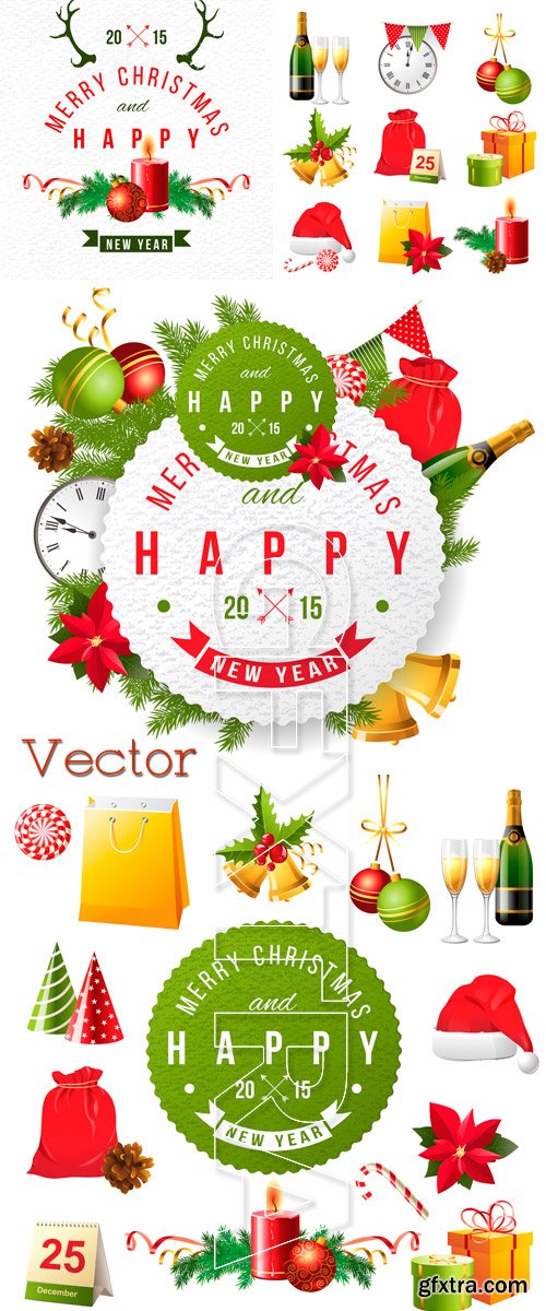 Christmas gifts, champagne, spheres in Vector