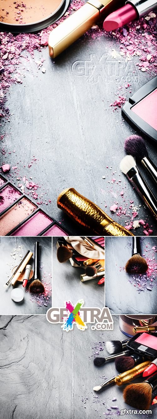 Stock Photo - Makeup Products on Wooden Background