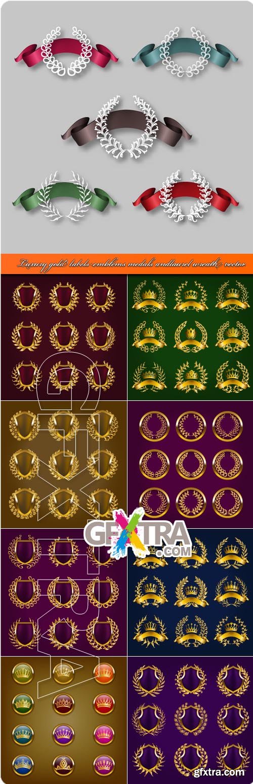 Luxury gold labels emblems medals and laurel wreath vector