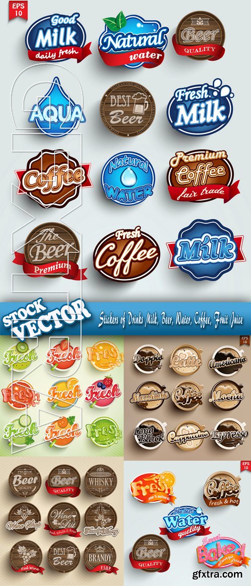 Stickers of Drinks Milk, Beer, Water, Coffee, Fruit Juice 5xEPS