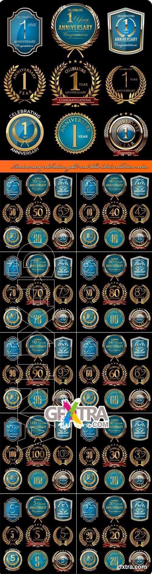 Anniversary celebration gold and blue labels collection vector