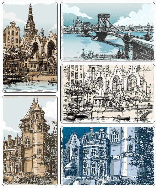 Vintage Hand Drawn Views of Old Town 7xEPS