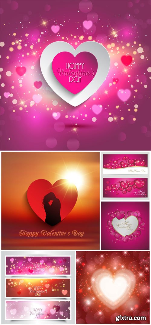 Valentine\'s Day Backgrounds, Banners, Hearts #1, 6xEPS