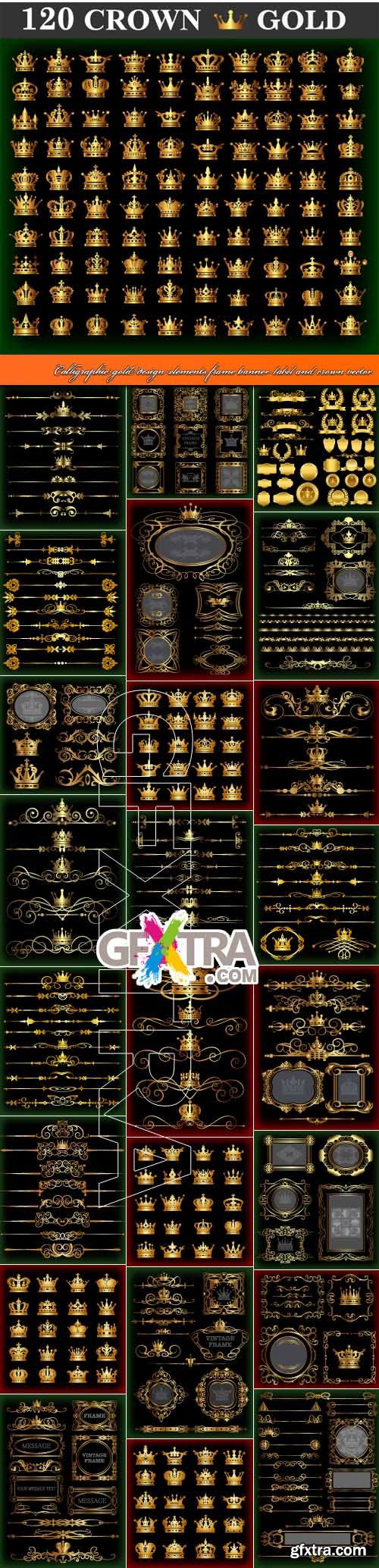 Calligraphic gold design elements frame banner label and crown vector
