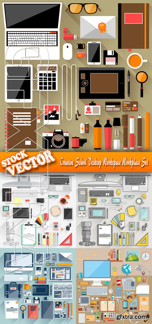 Stock Vector - Creative School Desktop Workspace Workplace Set