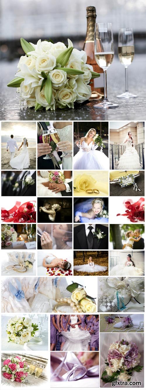 Wedding collage, bride and groom, wedding attributes - stock photos