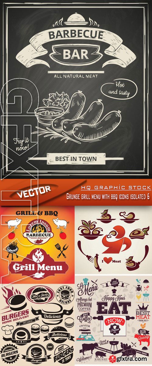 Stock Vector - Grunge grill menu with bbq icons isolated 6