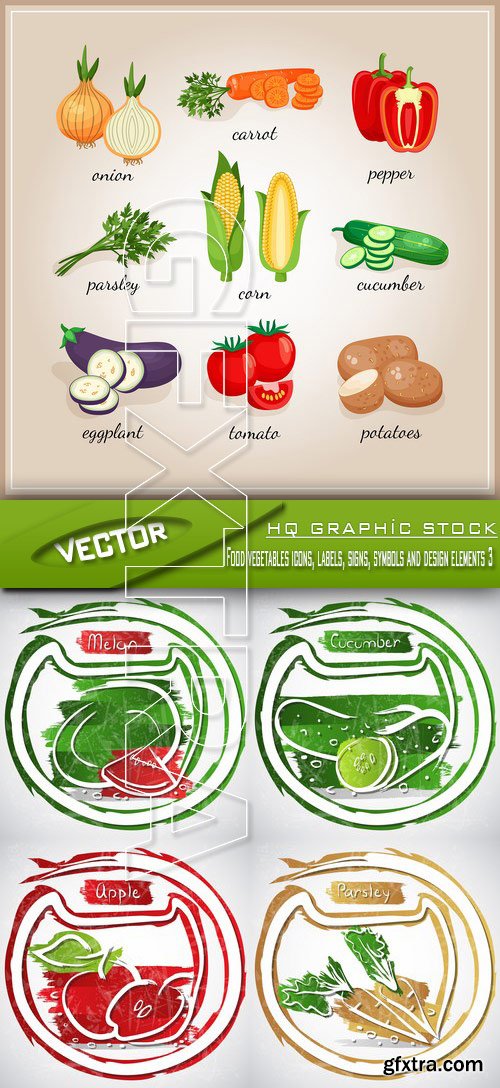 Stock Vector - Food vegetables icons, labels, signs, symbols and design elements 3