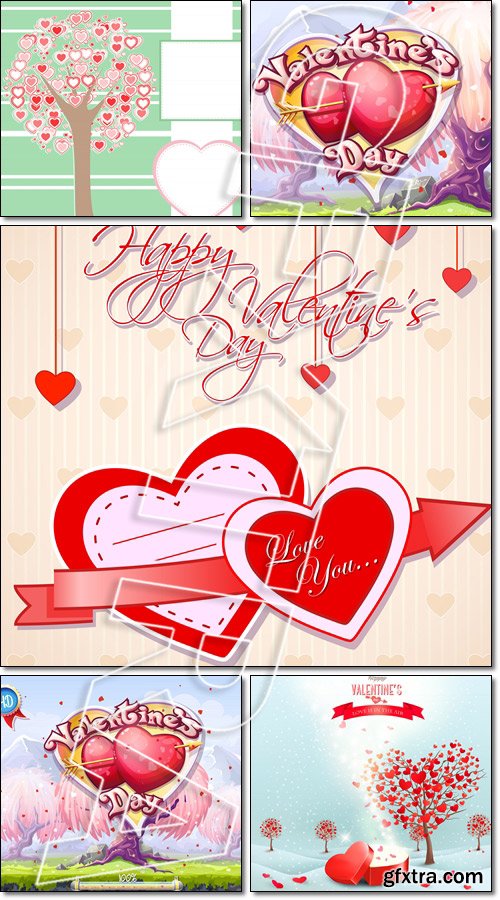 Valentine\'s day landscape with heart shaped trees and a magic day - Vector