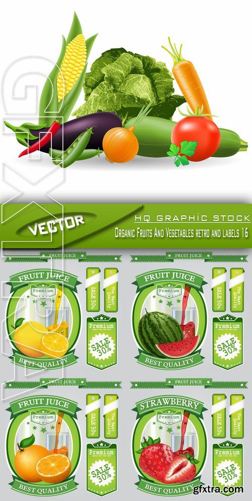 Stock Vector - Organic Fruits And Vegetables retro and labels 16