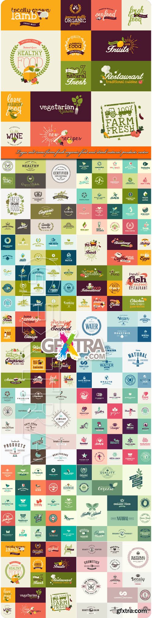 Logos and icons farm fresh organic food drink natural products vector