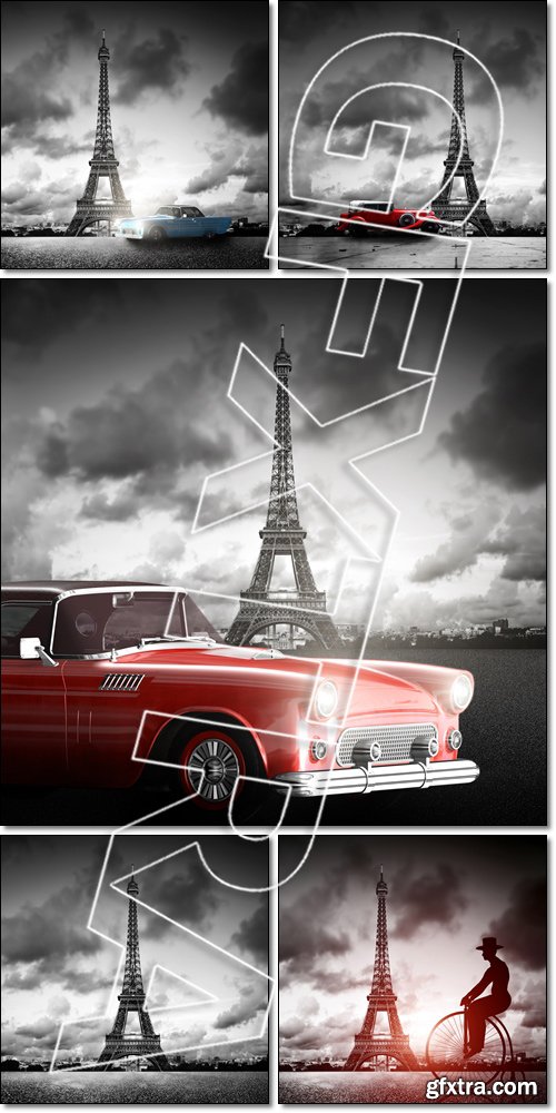 Effel Tower, Paris, France and retro red car. Black and white - Stock photo