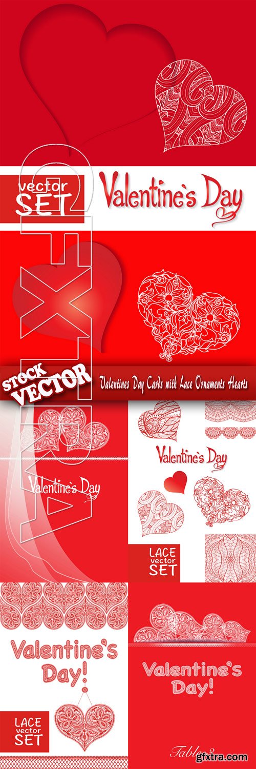 Stock Vector - Valentines Day Cards with Lace Ornaments Hearts