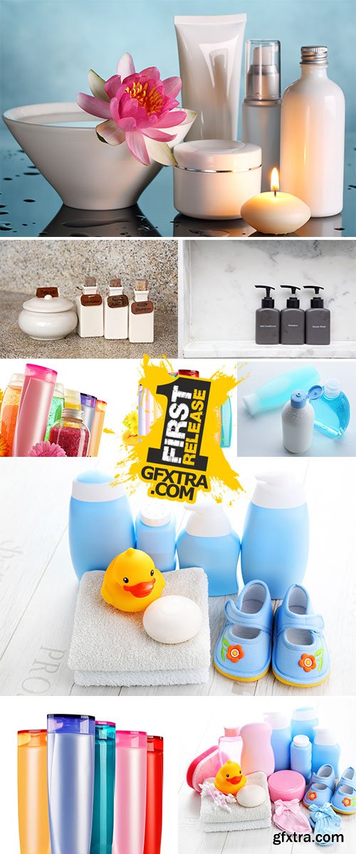 Stock Photo Composition with plastic bottles of body care and beauty products