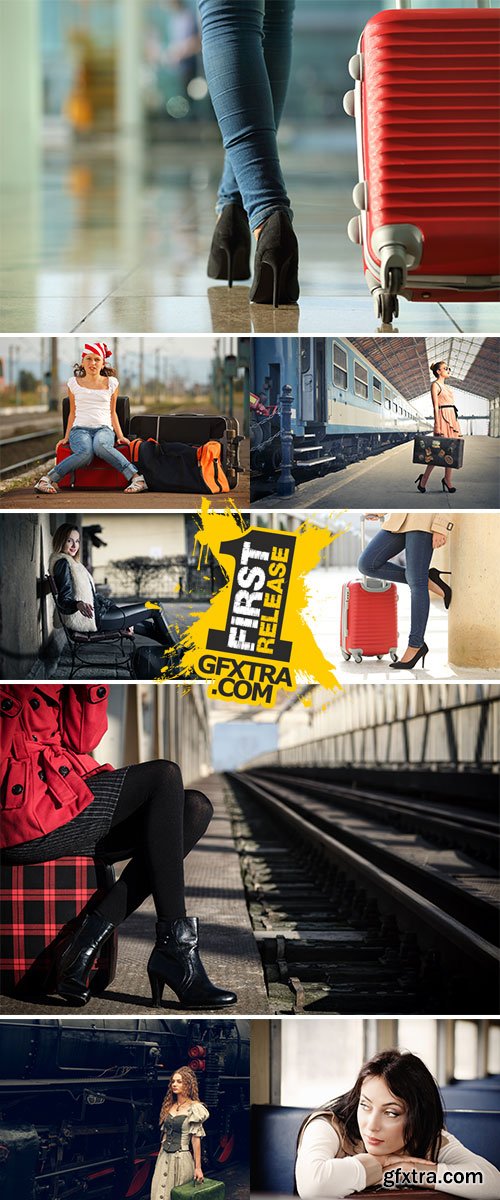 Stock Photo Girl at the train station with suitcases
