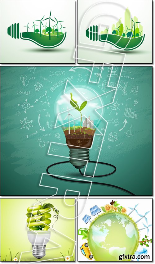 Ecology idea. Green seedlings in a light bulb ecology concept - Vector