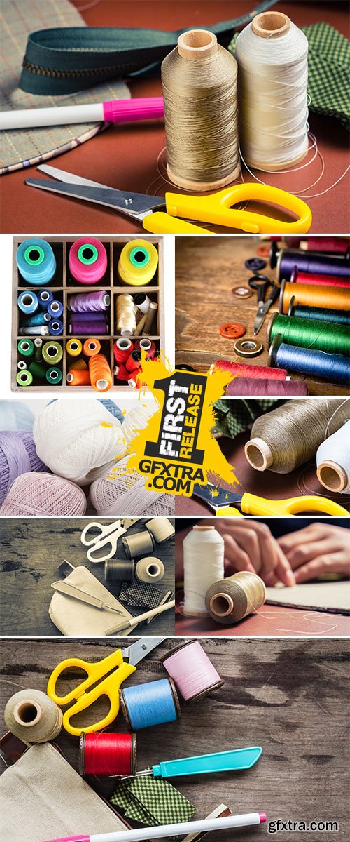 Stock Photo Closeup thread spools with hand sewing on background