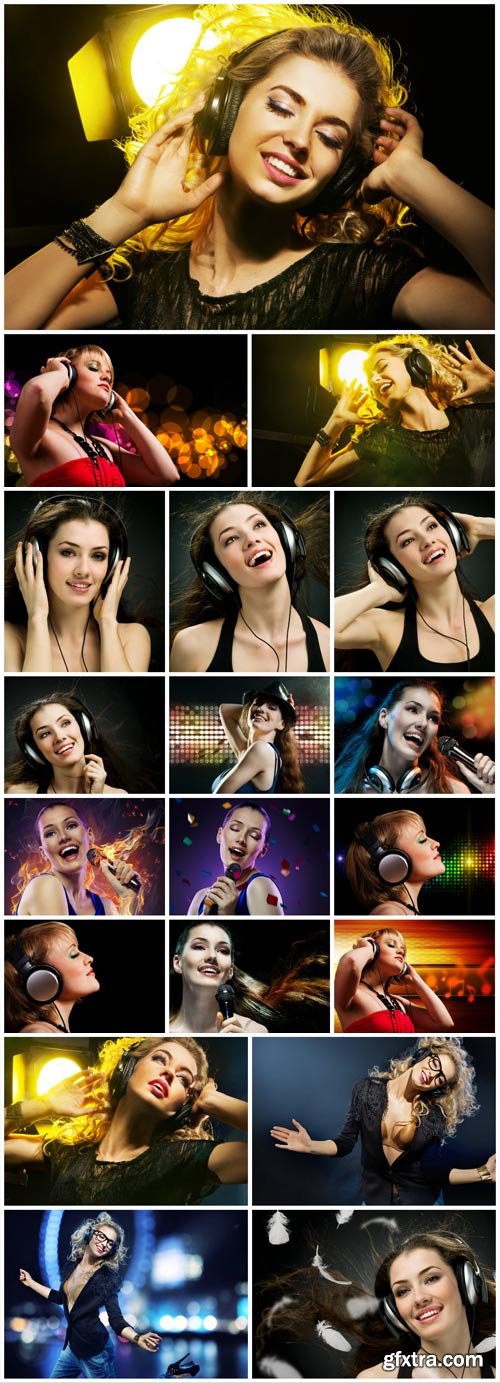 Girl in headphones listens to music - Stock Photo