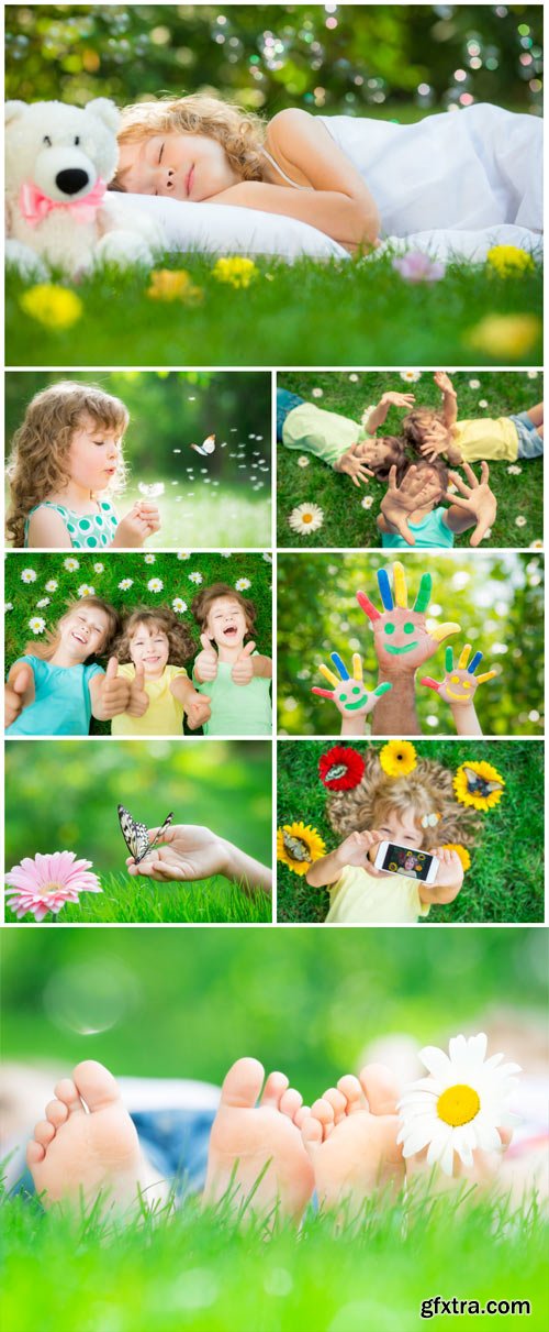 Happy children in nature, boys and girls - stock photos