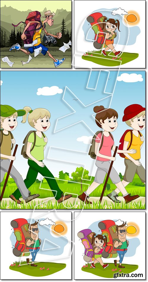 Peoples tourist with a backpack, binoculars, maps, traveling, runs - Vector